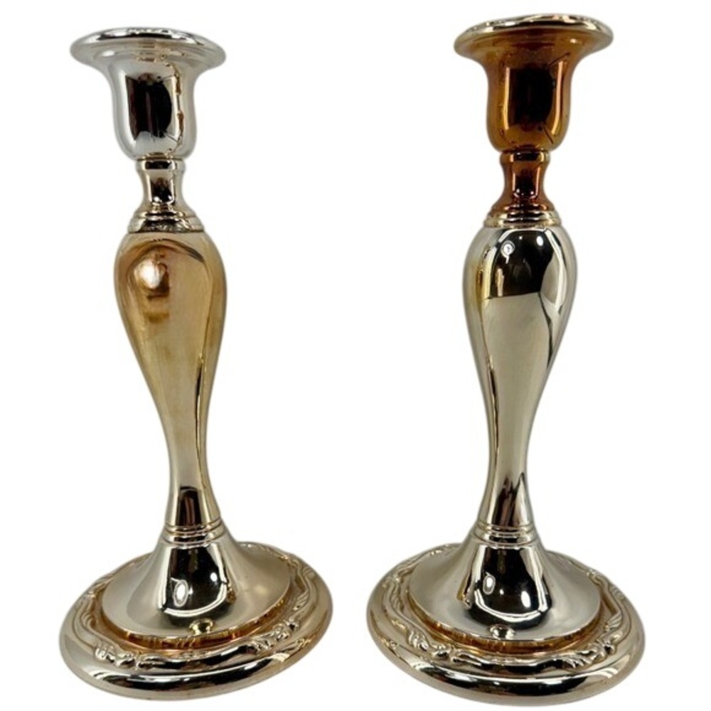 Oneida Set‎ of 2 Taper Candle Holders Silver Tone Gold Tone Trumpet Base Japan